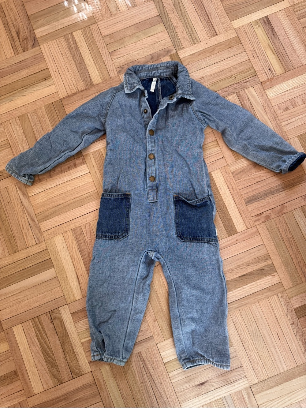 Rylee & Cru Light Blue Denim Jumpsuit with Dark Blue Patch Pockets